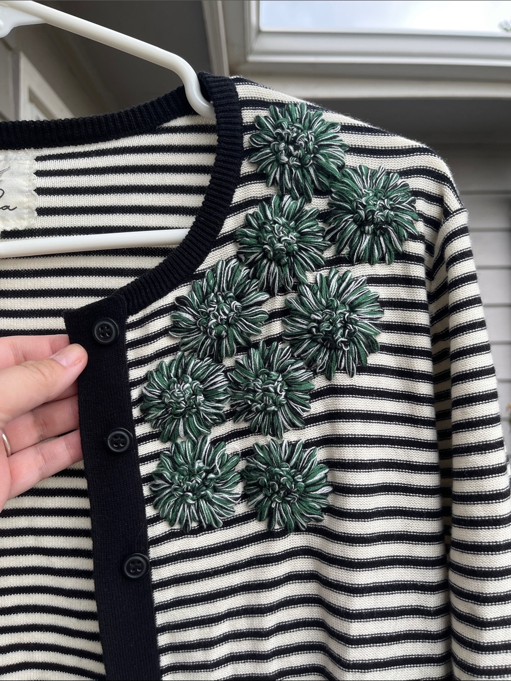 Tabitha Black and White Striped Open-Front Cardigan with Green Floral Embroidery - Picture 3 of 5